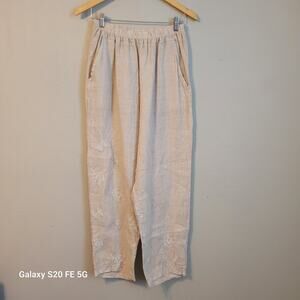 Tempo‎ Paris Linen Pull On Pants Womens M Tan Embroidered Lightweight Floral
